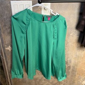 Vince Camuto Green Button-Pleat Long Sleeve Blouse